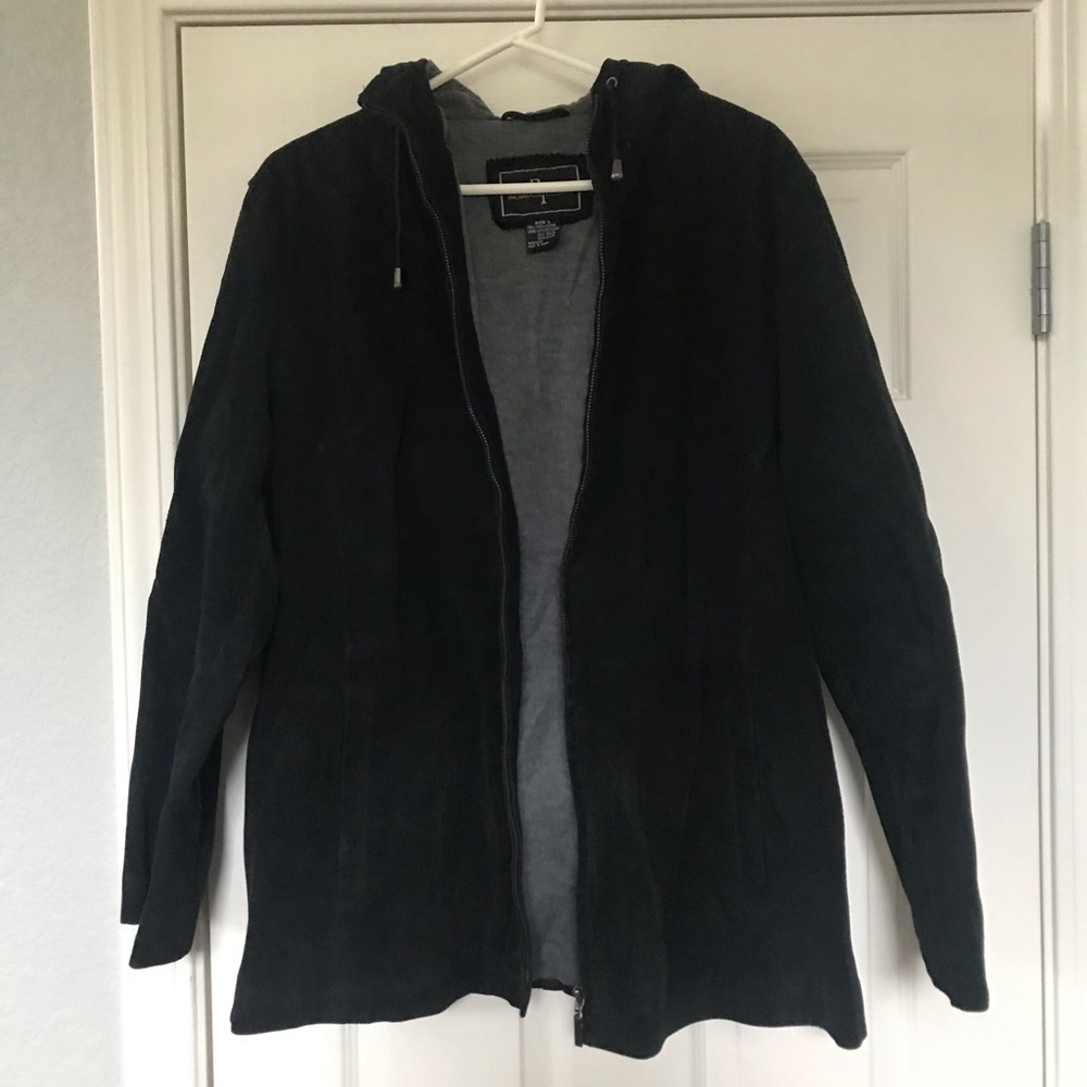 Black Suede Leather Jacket with Hood
